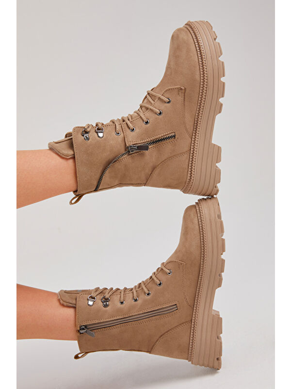 Kadın Vizon Süet Poli Taban Fermuar Detaylı Rahat Kalıp Bağcıklı Bot - Görsel 6