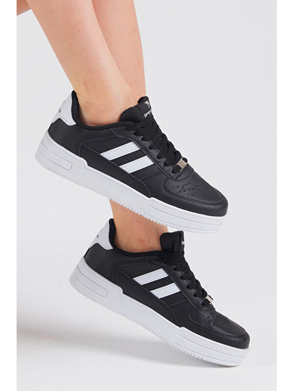 Unisex Siyah Beyaz Yanı Çizgili Bağcıklı Rahat Kalıp Sneaker - Görsel 3