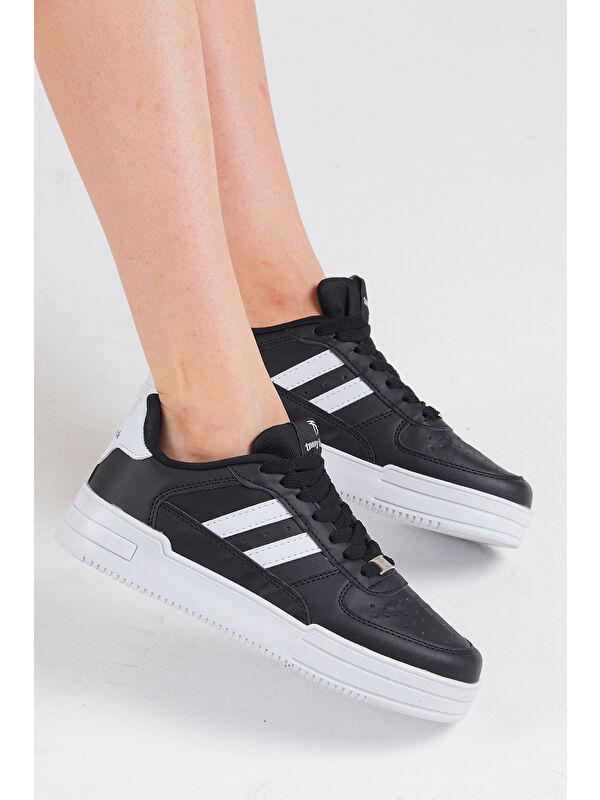 Unisex Siyah Beyaz Yanı Çizgili Bağcıklı Rahat Kalıp Sneaker - Görsel 4