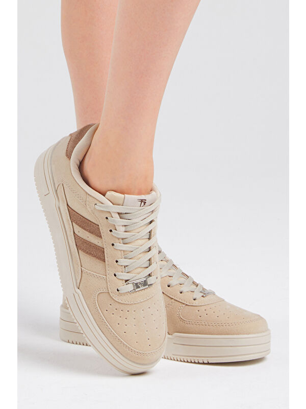 Unisex Bej Kahve Yanı Çizgili Bağcıklı Rahat Kalıp Sneaker - Görsel 3