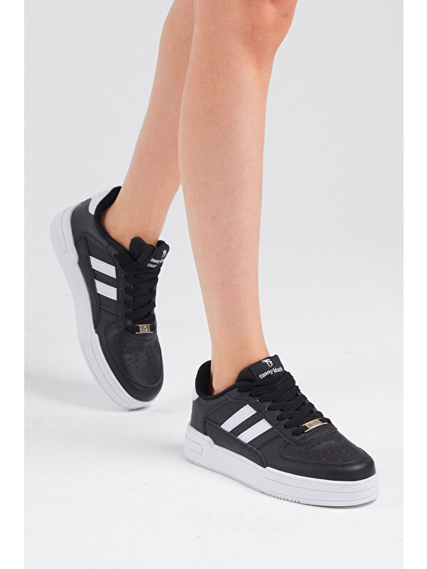 Unisex Siyah Beyaz Yanı Çizgili Bağcıklı Rahat Kalıp Sneaker - Görsel 7