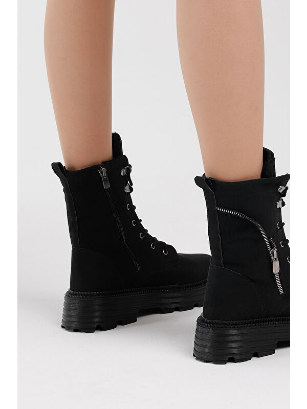 Kadın Siyah Süet Poli Taban Fermuar Detaylı Rahat Kalıp Bağcıklı Bot - Görsel 4