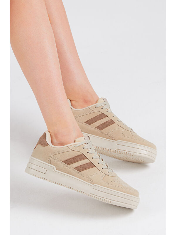 Unisex Bej Kahve Yanı Çizgili Bağcıklı Rahat Kalıp Sneaker - Görsel 4