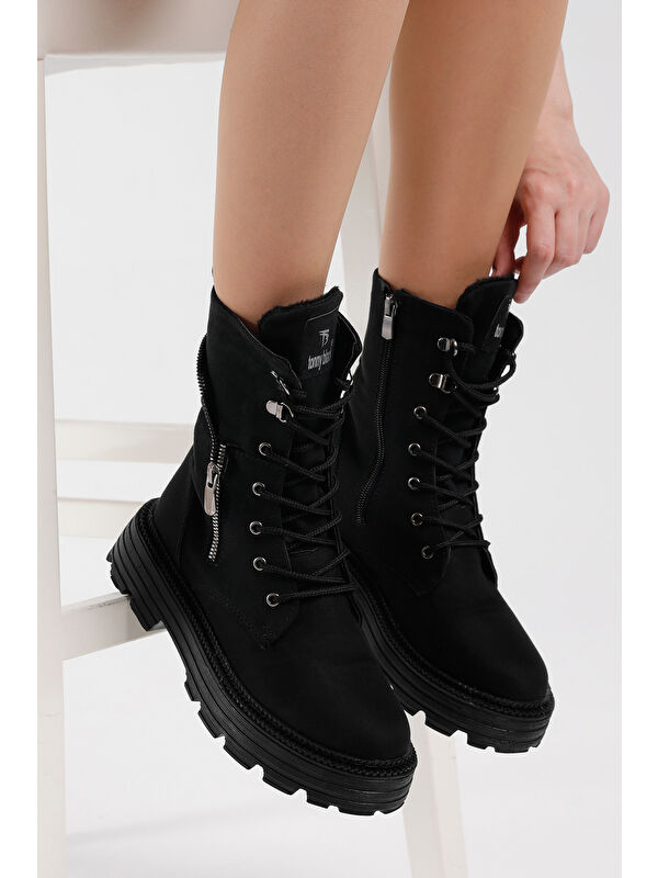 Kadın Siyah Süet Poli Taban Fermuar Detaylı Rahat Kalıp Bağcıklı Bot - Görsel 5