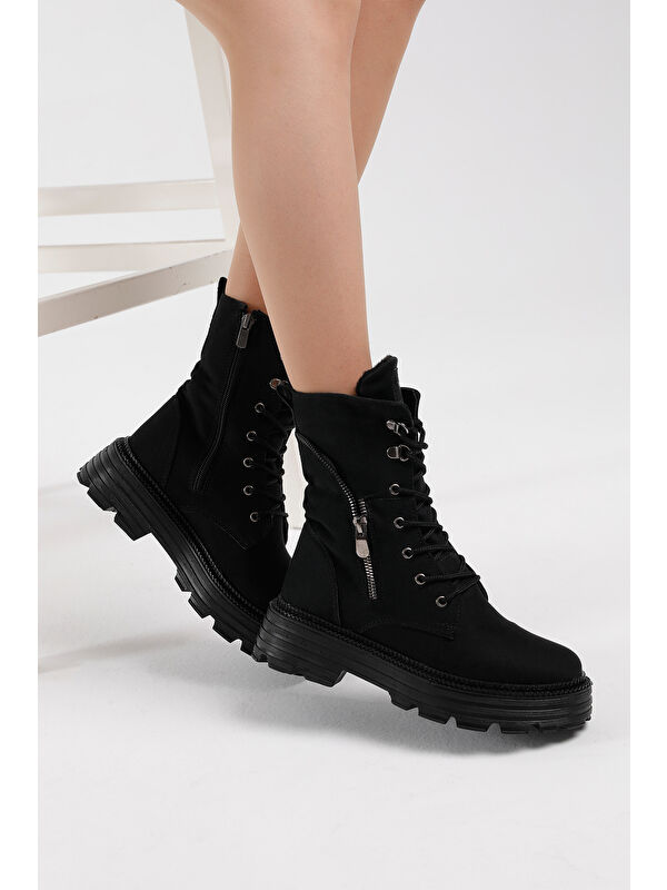 Kadın Siyah Süet Poli Taban Fermuar Detaylı Rahat Kalıp Bağcıklı Bot - Görsel 6