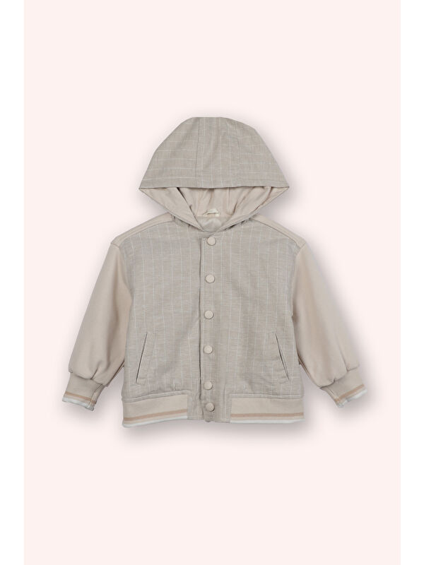Panço Erkek Bebek Çizgili Kapüşonlu Çıtçıt Düğmeli Bej Sweatshirt