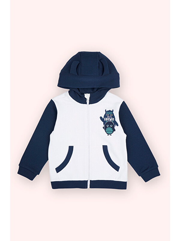 Panço Erkek Bebek Baskı Detaylı Fermuarlı Beyaz Sweatshirt