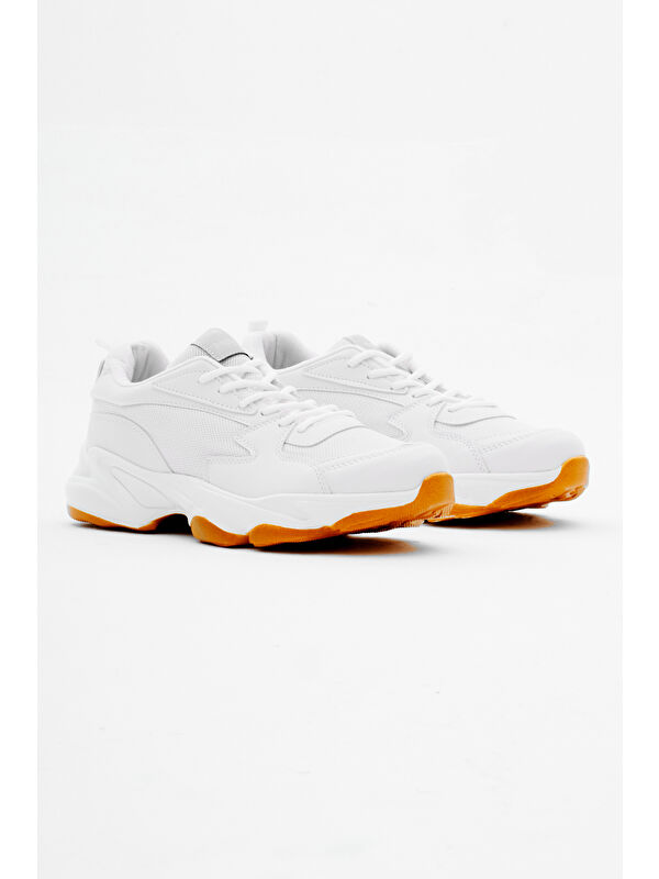 Unisex Beyaz Krep Rahat Kalıp Yüksek Poli Taban Bağcıklı Spor Ayakkabı - Görsel 3