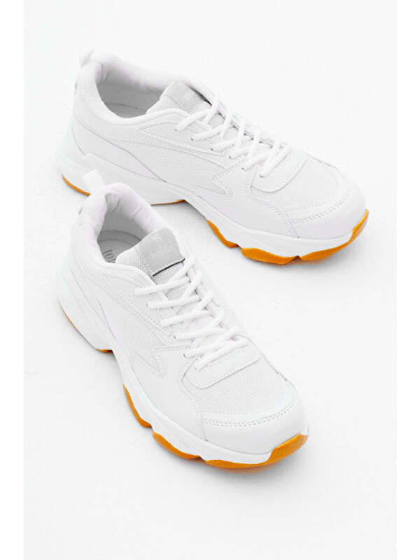 Unisex Beyaz Krep Rahat Kalıp Yüksek Poli Taban Bağcıklı Spor Ayakkabı - Görsel 4