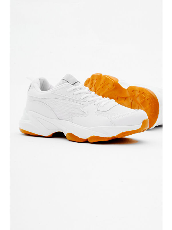 Unisex Beyaz Krep Rahat Kalıp Yüksek Poli Taban Bağcıklı Spor Ayakkabı - Görsel 5