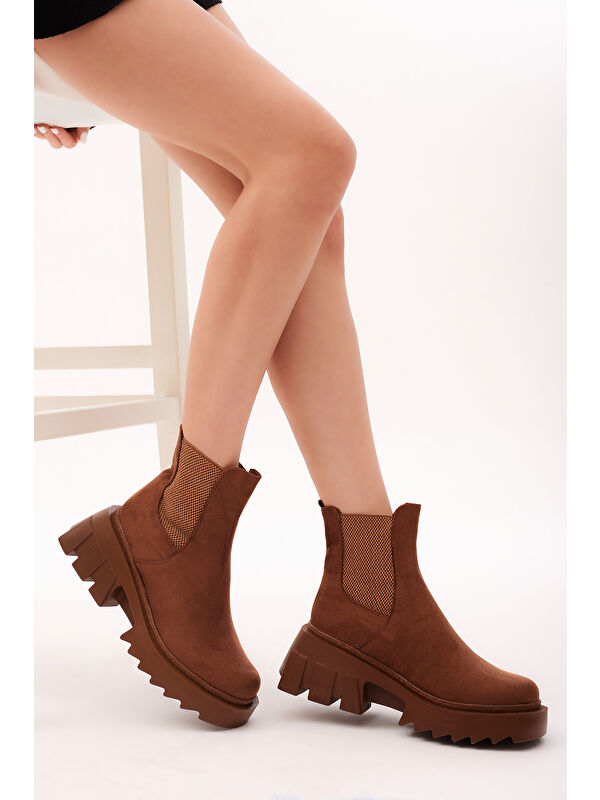 Kadın Taba Süet Rahat Kalıp Kalın Taban Lastikli Bot - Görsel 4