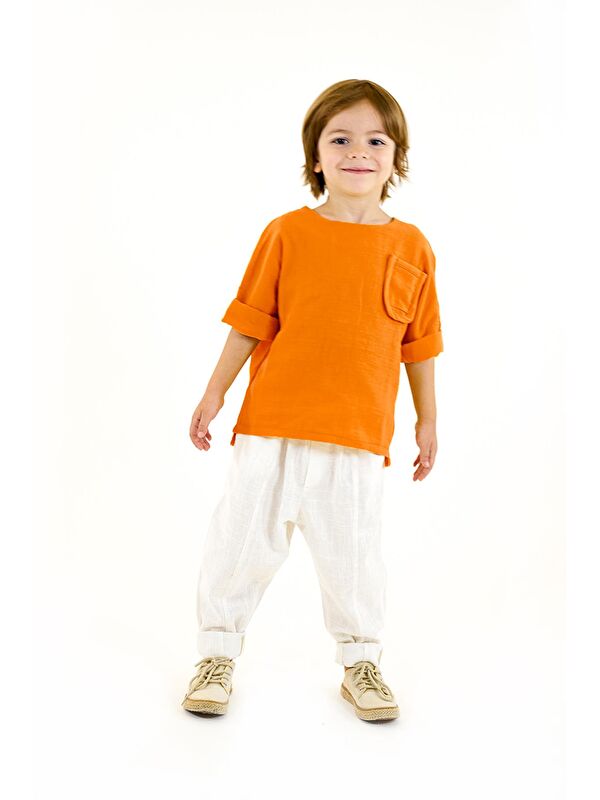 Catz Kids Beyaz Vera Carrot Pantolon + Turuncu Müslin Arkadan Düğmeli Gömlek