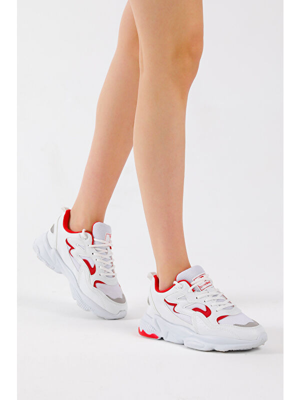 Unisex Beyaz Kırmızı Rahat Kalıp Yüksek Taban Bağcıklı Spor Ayakkabı - Görsel 3