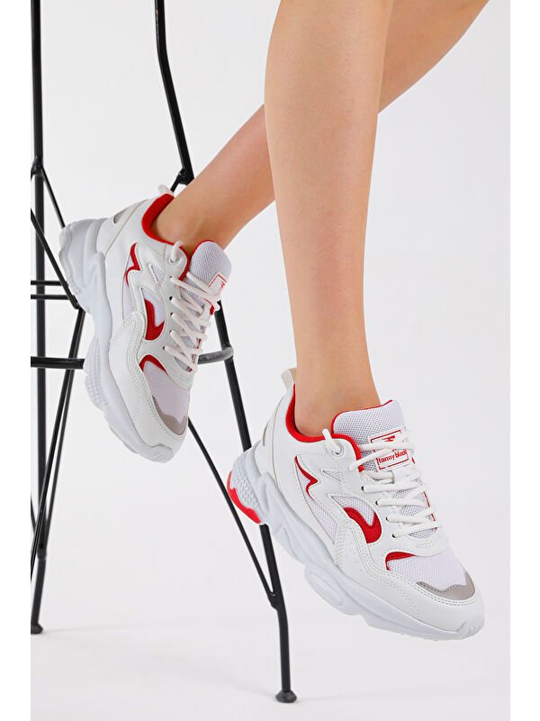 Unisex Beyaz Kırmızı Rahat Kalıp Yüksek Taban Bağcıklı Spor Ayakkabı - Görsel 4