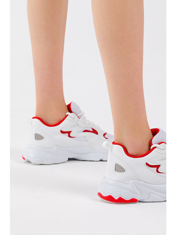 Unisex Beyaz Kırmızı Rahat Kalıp Yüksek Taban Bağcıklı Spor Ayakkabı - Görsel 5
