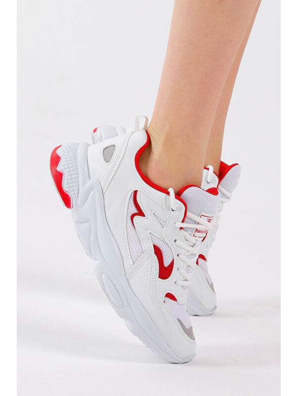 Unisex Beyaz Kırmızı Rahat Kalıp Yüksek Taban Bağcıklı Spor Ayakkabı - Görsel 6