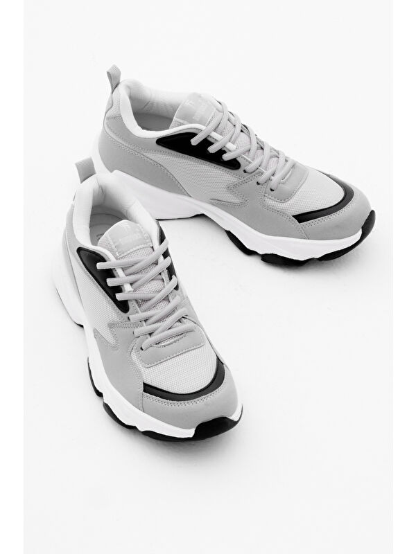 Unisex Gri Rahat Kalıp Yüksek Poli Taban Bağcıklı Spor Ayakkabı - Görsel 4