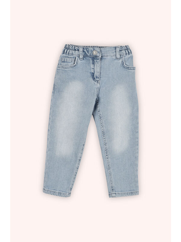 Panço Kız Bebek Beli Lastikli Düğme Detaylı Yıkamalı Lacivert Jean Pantolon