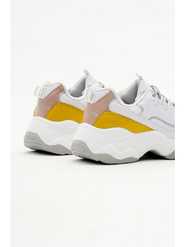 Kadın Beyaz Sarı Rahat Kalıp Yüksek Taban Bağcıklı Spor Ayakkabı - Görsel 6