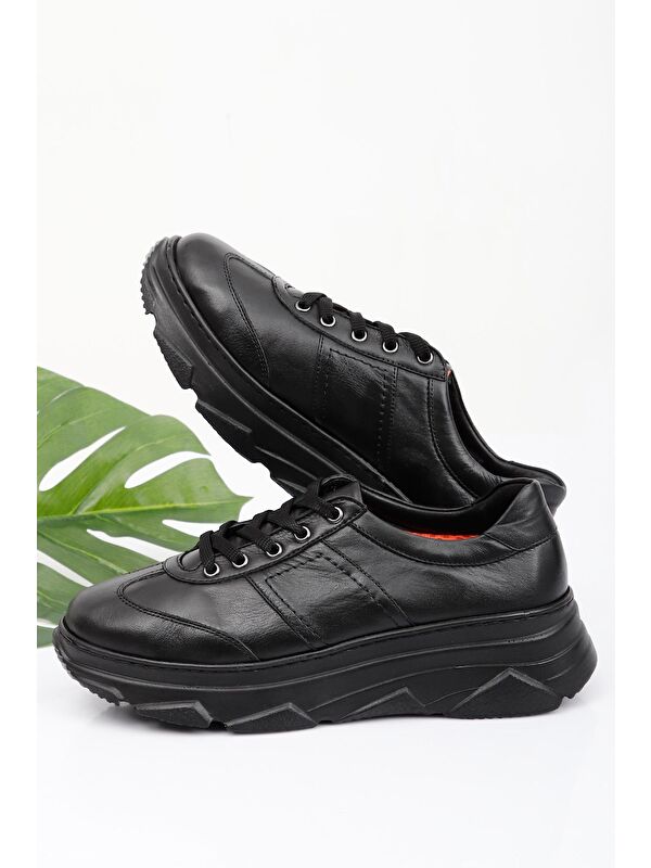 Hakiki Deri Yuvarlak Burun Dolgu Taban Bağcıklı Kadın Sneaker 24186 - Görsel 3