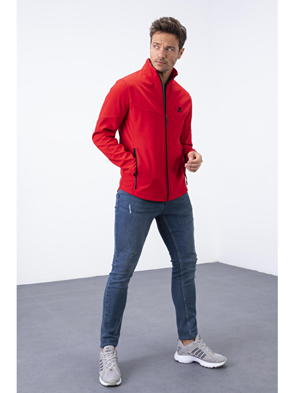 Tommylife Kırmızı Fermuarlı Dik Yaka Su ve Rüzgar Geçirmez Softshell Erkek Ceket- 88050