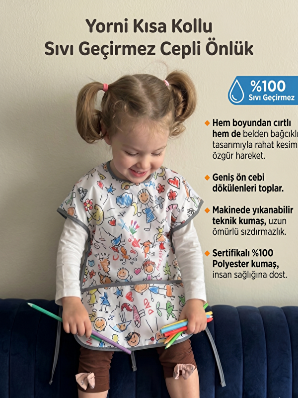 Yorni 3-6 Yaş, Family, KISA Kollu, Sıvı Geçirmez Önlük, Makinede Yıkanabilir, Boya, Oyun Ve Yemek Zamanı