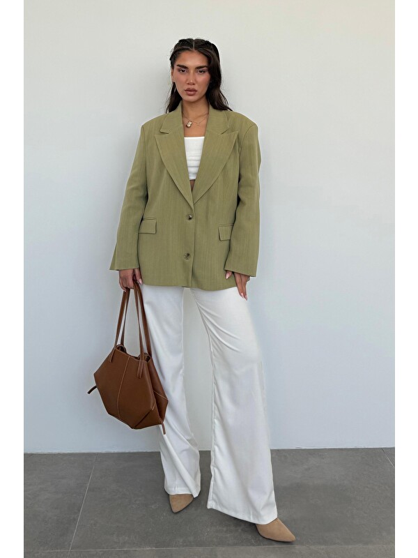 Madmext Çağla Yeşili Keten Blazer Kadın Ceket Mg2443