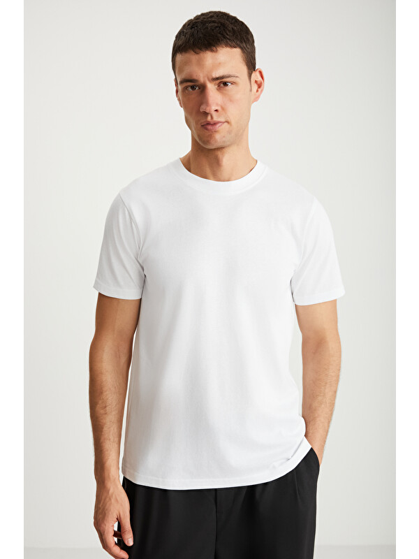 GRIMELANGE Erkek Slim Fit Dar Kesim %100 Organik Pamuklu Yana Kayan Dikişli Basic Örme BEYAZ Tişört