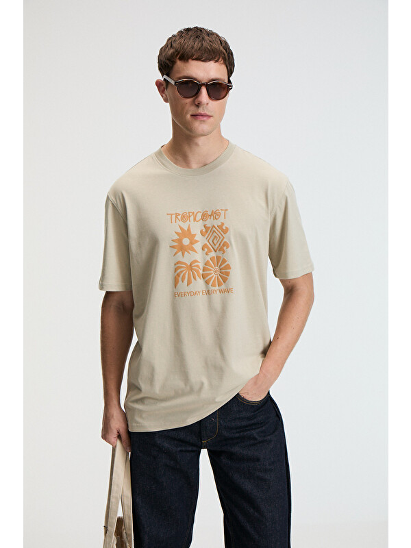 GRIMELANGE SWEET Erkek %100 Pamuk Oversize Fit Baskılı Kısa Kollu Yuvarlak Yakalı TAŞ T-Shirt