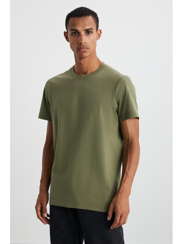GRIMELANGE Erkek Slim Fit Dar Kesim %100 Organik Pamuklu Yana Kayan Dikişli Basic Örme HAKİ Tişört