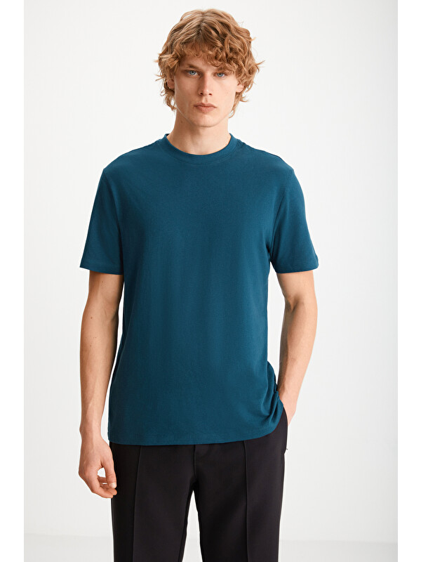 GRIMELANGE Erkek Slim Fit Dar Kesim %100 Organik Pamuklu Yana Kayan Dikişli Basic Örme PETROL-MAVİ T-Sh
