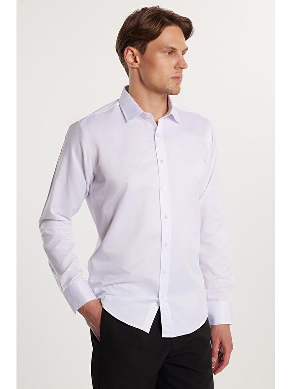 TUDORS Erkek Modern Slim Fit Düz Saten Pamuklu Beyaz Gömlek