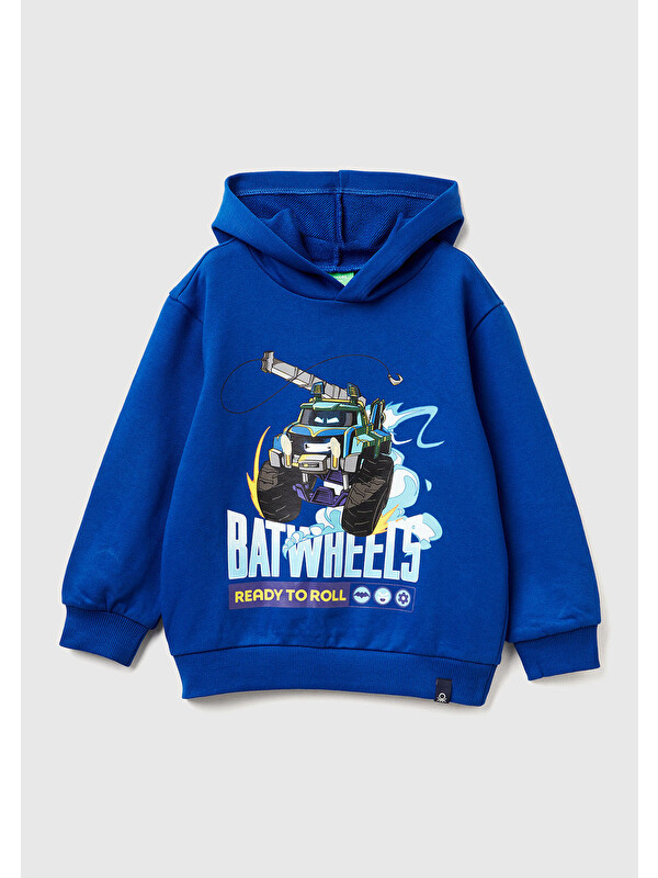 United Colors Of Benetton Erkek Çocuk Saks Mavisi Batwheels Baskılı Logo Etiketli Nervürlü Kapüşonlu  Sweatshirt