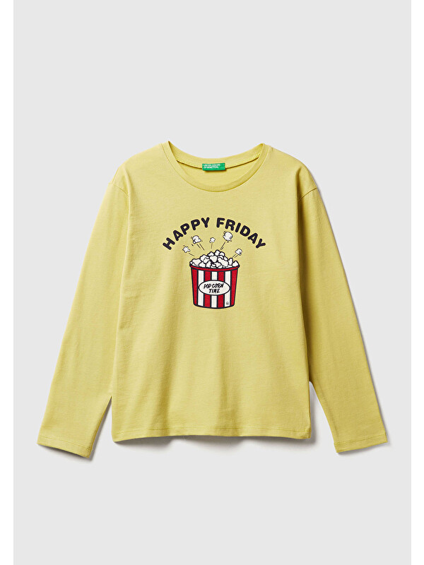 United Colors Of Benetton Kız Çocuk Hardal Önü Baskılı Ribana Yakalı Relaxed Fit Uzun Kollu T-shirt