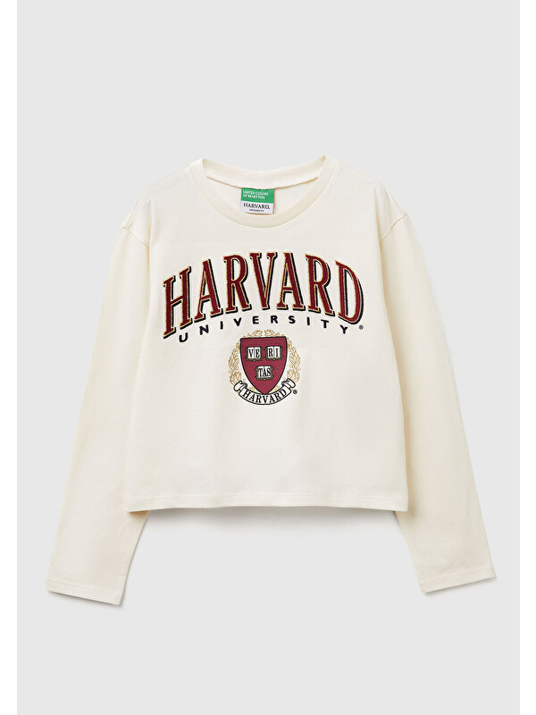 United Colors Of Benetton Kız Çocuk Ekru Önü Simli Baskılı Logo Etiketli Boxy Uzun Kollu T-shirt
