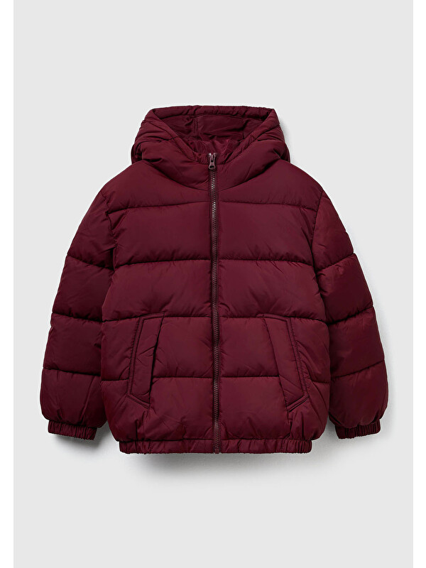 United Colors Of Benetton Erkek Çocuk Bordo Logo Detaylı Fermuarlı Kapüşonlu Dolgulu Mont