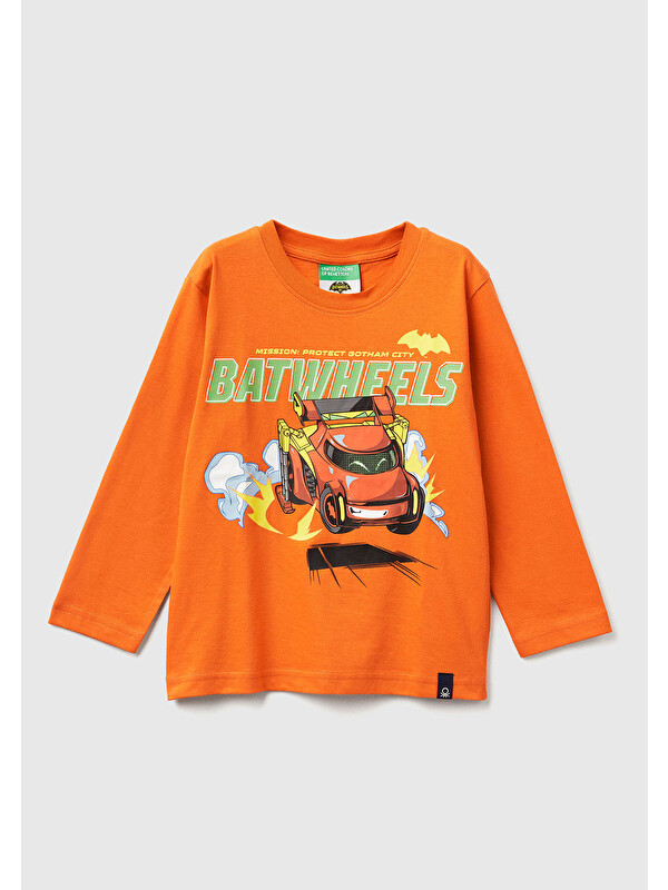 United Colors Of Benetton Erkek Çocuk Turuncu Önü ve Arkası Çok Renkli Batwheels Baskılı Logo Etiketli Jarse T-shirt