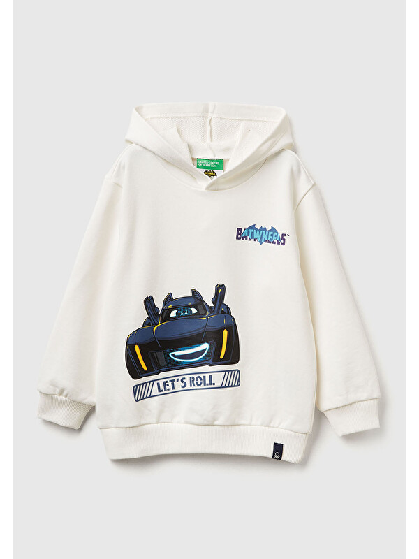 United Colors Of Benetton Erkek Çocuk Ekru Batwheels Baskılı Logo Etiketli Nervürlü Kapüşonlu  Sweatshirt