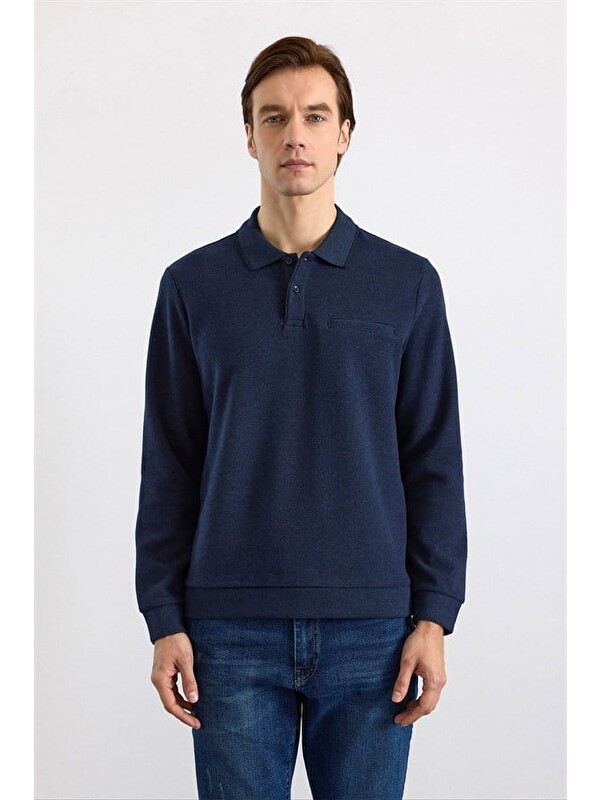 Süvari Lacivert Regular Düz Polo Yaka Sweatshirt