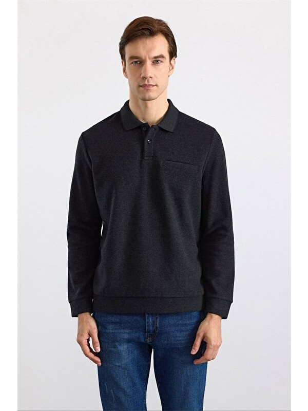 Süvari Siyah Regular Düz Polo Yaka Sweatshirt