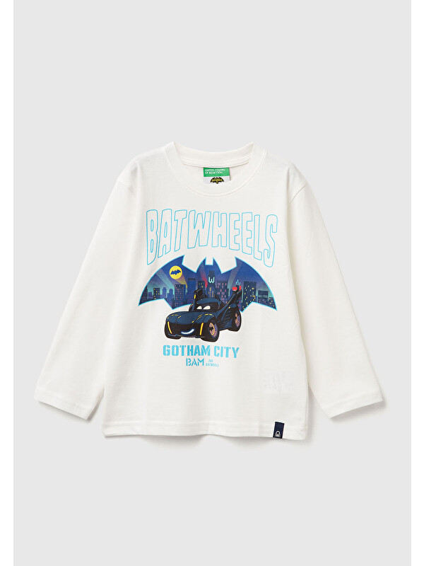 United Colors Of Benetton Erkek Çocuk Ekru Önü ve Arkası Çok Renkli Batwheels Baskılı Logo Etiketli Jarse T-shirt