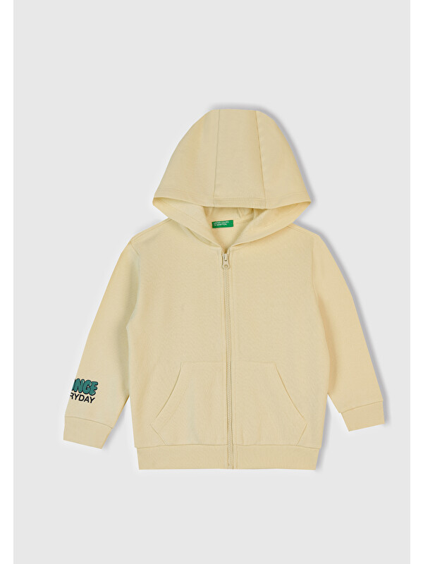 United Colors Of Benetton Erkek Çocuk Krem Baskılı Fermuarlı Kapüşonlu Relaxed Fit Sweatshirt