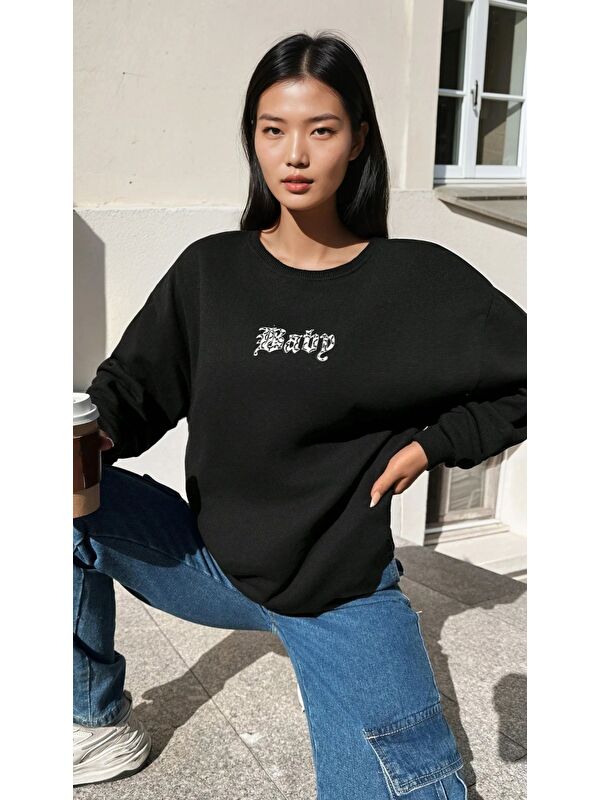 carla10 Baskılı Üç İplik Oversize Siyah Sweatshirt