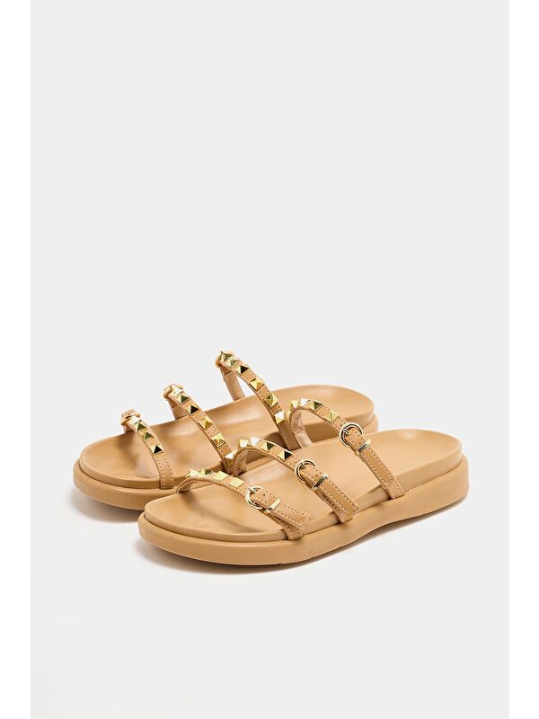 Gold Zımba Detaylı Trend Terlik Vizon - Görsel 4