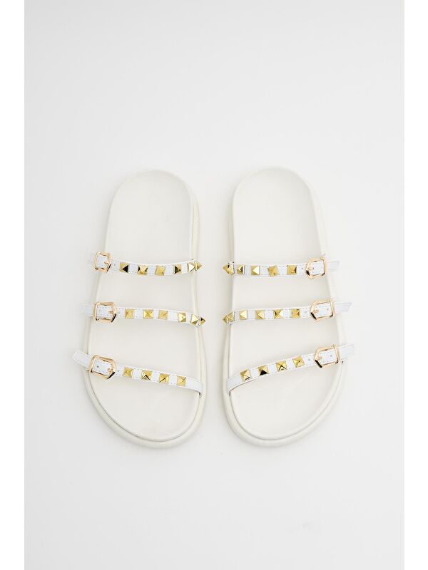 Gold Zımba Detaylı Trend Terlik Beyaz - Görsel 5