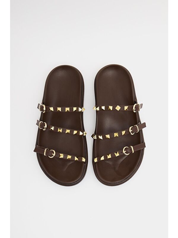 Gold Zımba Detaylı Trend Terlik Kahverengi - Görsel 2