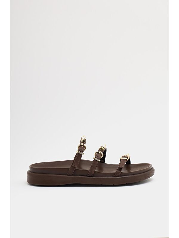 Gold Zımba Detaylı Trend Terlik Kahverengi - Görsel 3