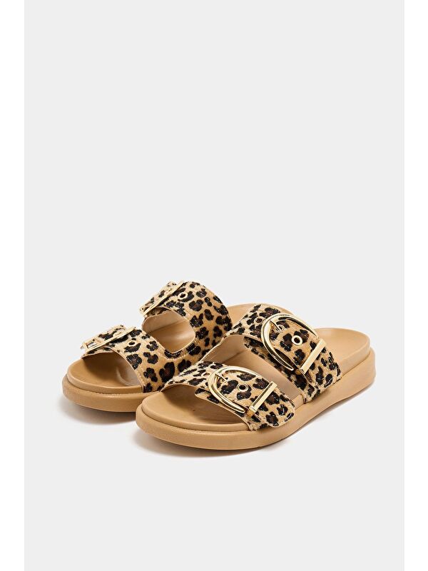 Çift Tokalı Günlük Terlik Leopar Vizon - Görsel 3