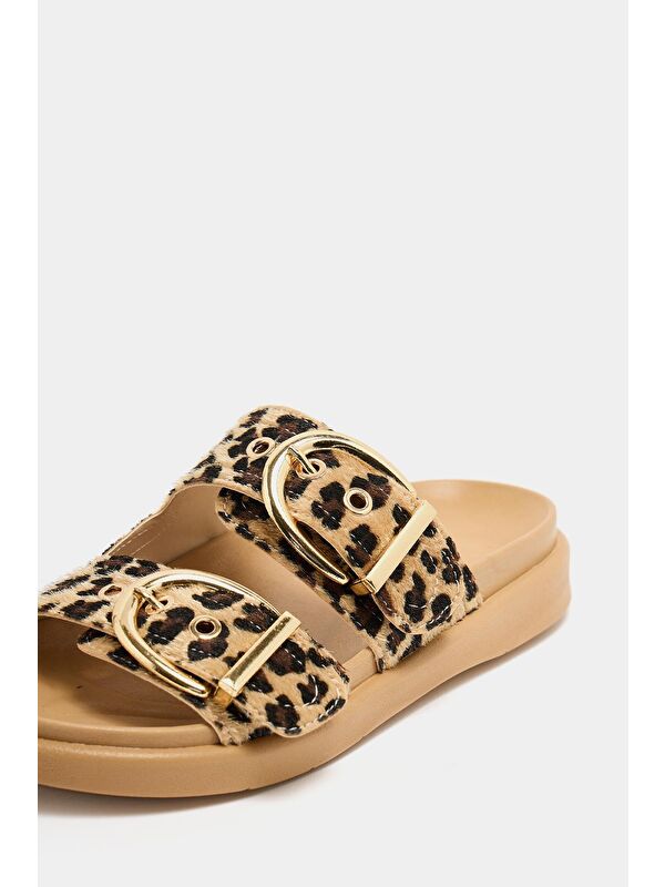 Çift Tokalı Günlük Terlik Leopar Vizon - Görsel 7