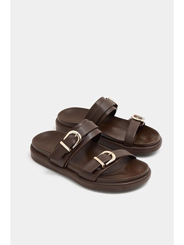 Trend Çift Tokalı Terlik Kahverengi - Görsel 2